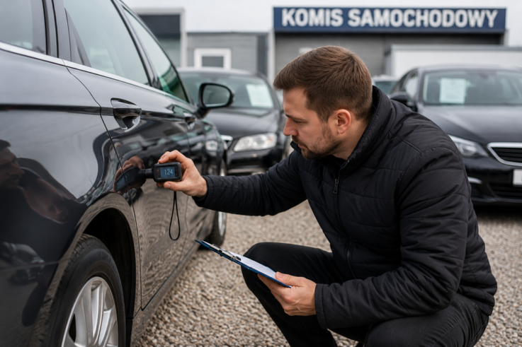 mężczyzna sprawdzający lakier miernikiem lakieru
